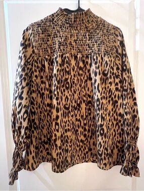 THML Smocked High-Neck Leopard Print Blouse - Brown & Black